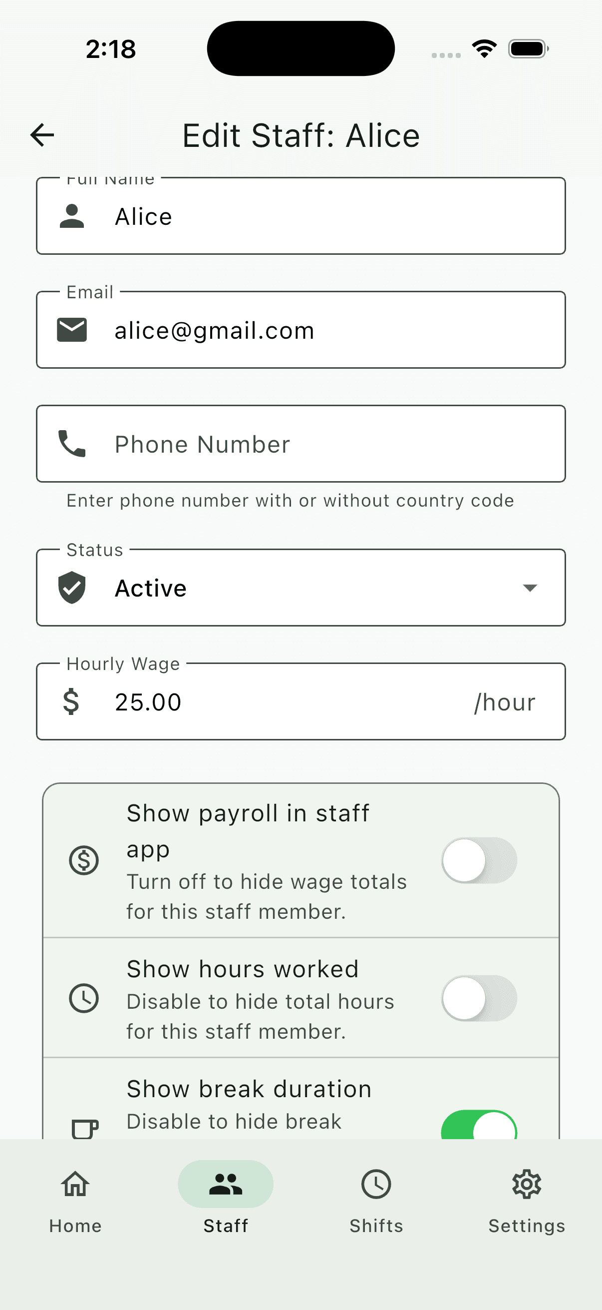 QuickShift owner – Update staff profiles