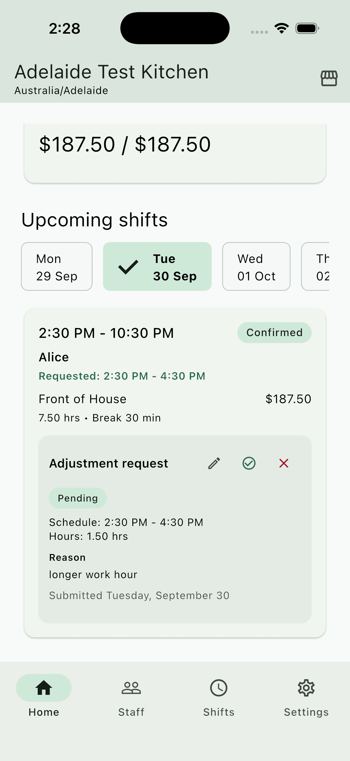 QuickShift owner – Approve shift adjustments